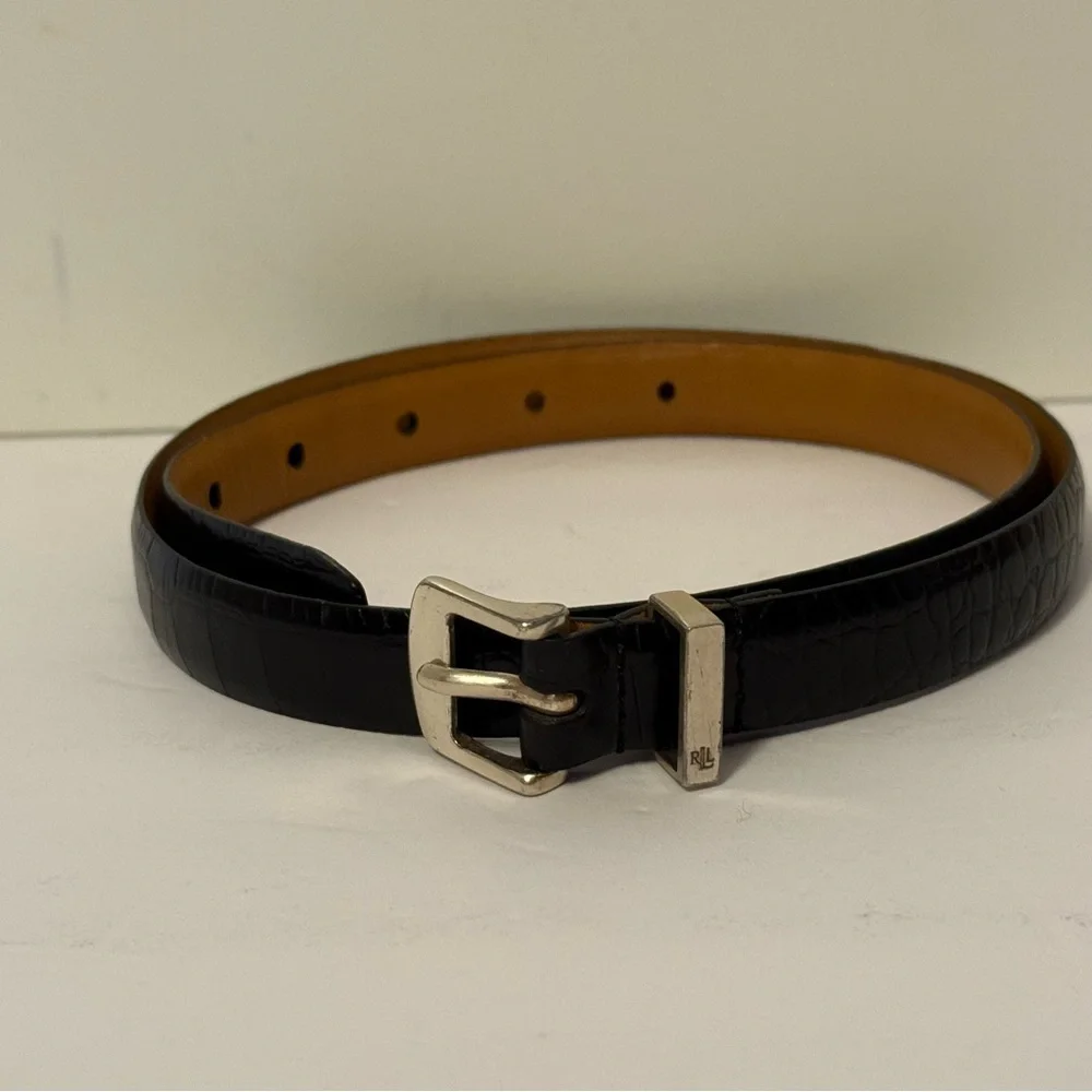 LAUREN RALPH LAUREN LRL BELT BLACK LEATHER CROC LOOK SILVER TONE BUCKLE SKINNY S
